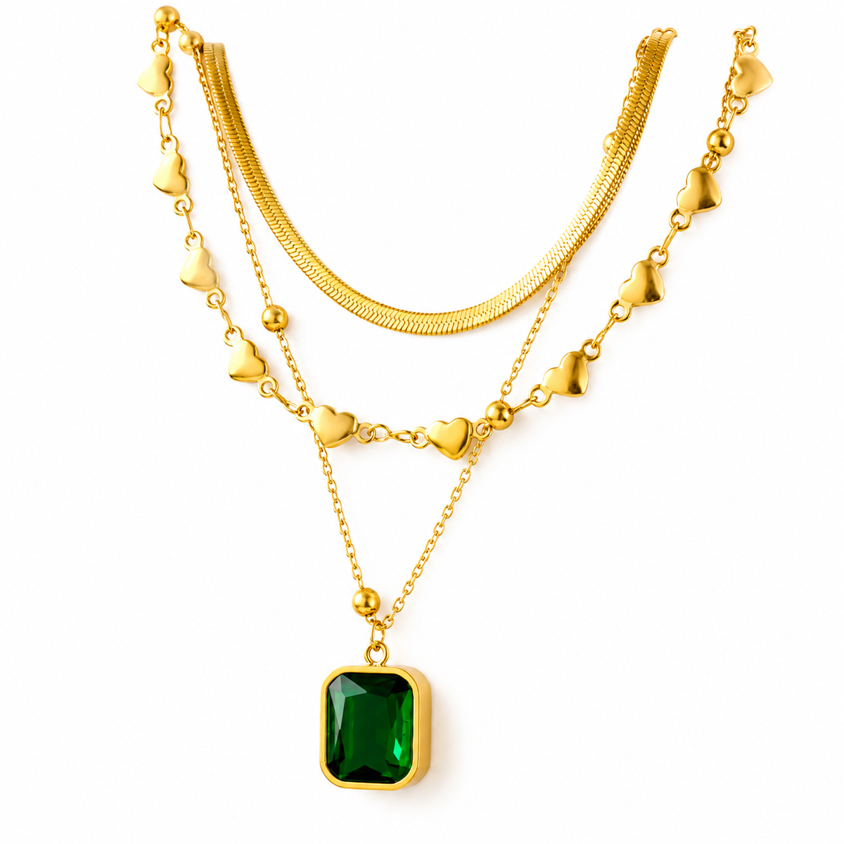 Emerald Heart Layered Necklace (18k gold plated)