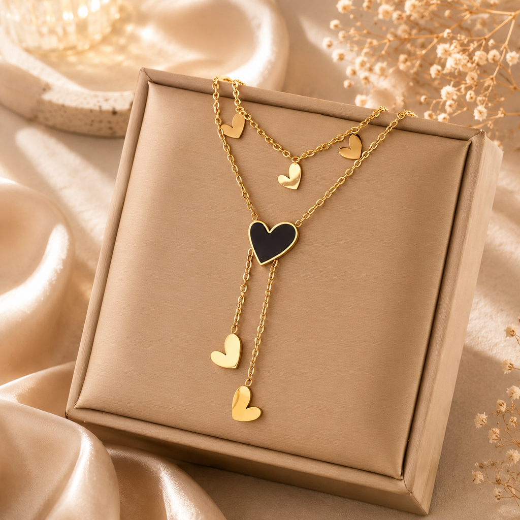 Black Heart Layered Necklace  (18k gold plated)