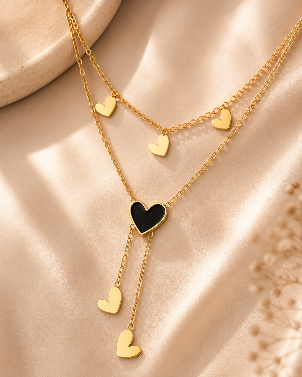 Black Heart Layered Necklace  (18k gold plated)