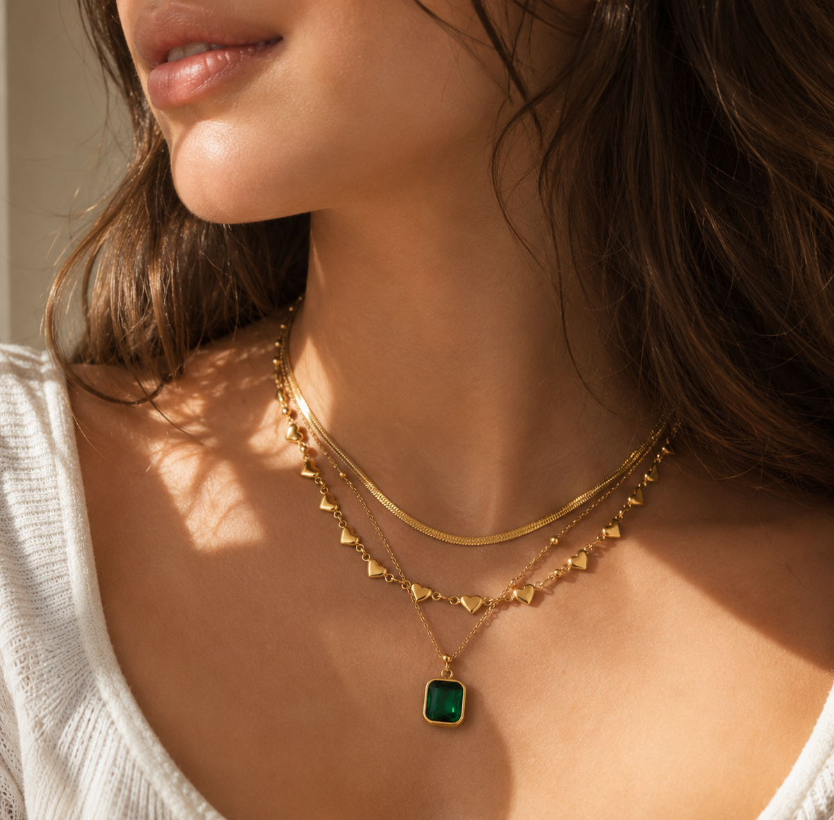 Emerald Heart Layered Necklace (18k gold plated)