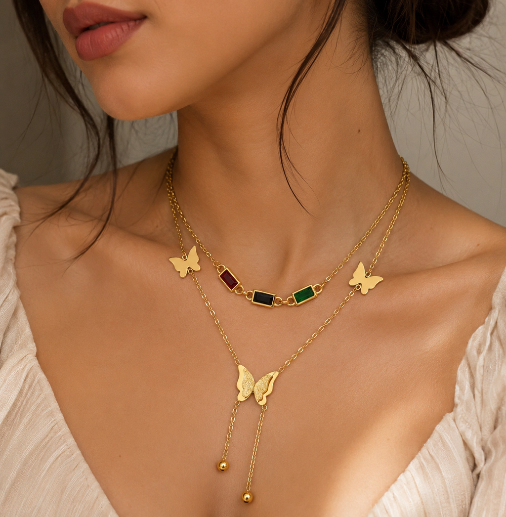 Butterfly & Gemstone Layered Necklace
