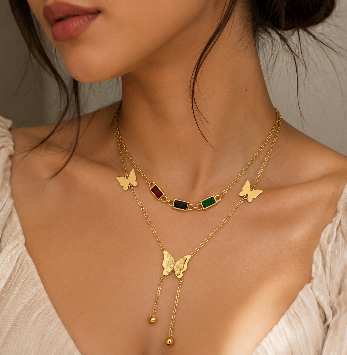 Butterfly & Gemstone Layered Necklace