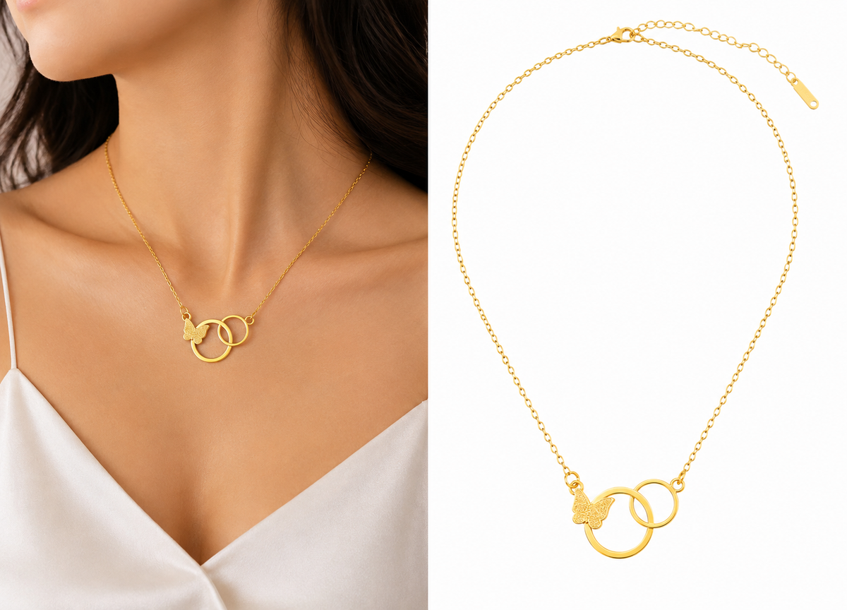 Butterfly &amp; Interlocking Rings Necklace