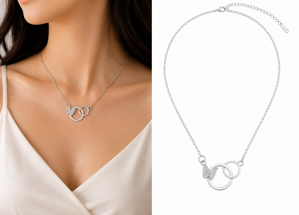Butterfly &amp; Interlocking Rings Necklace