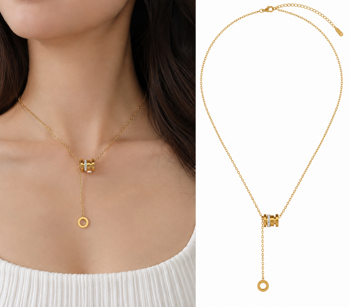 Gold Lariat Barrel Necklace