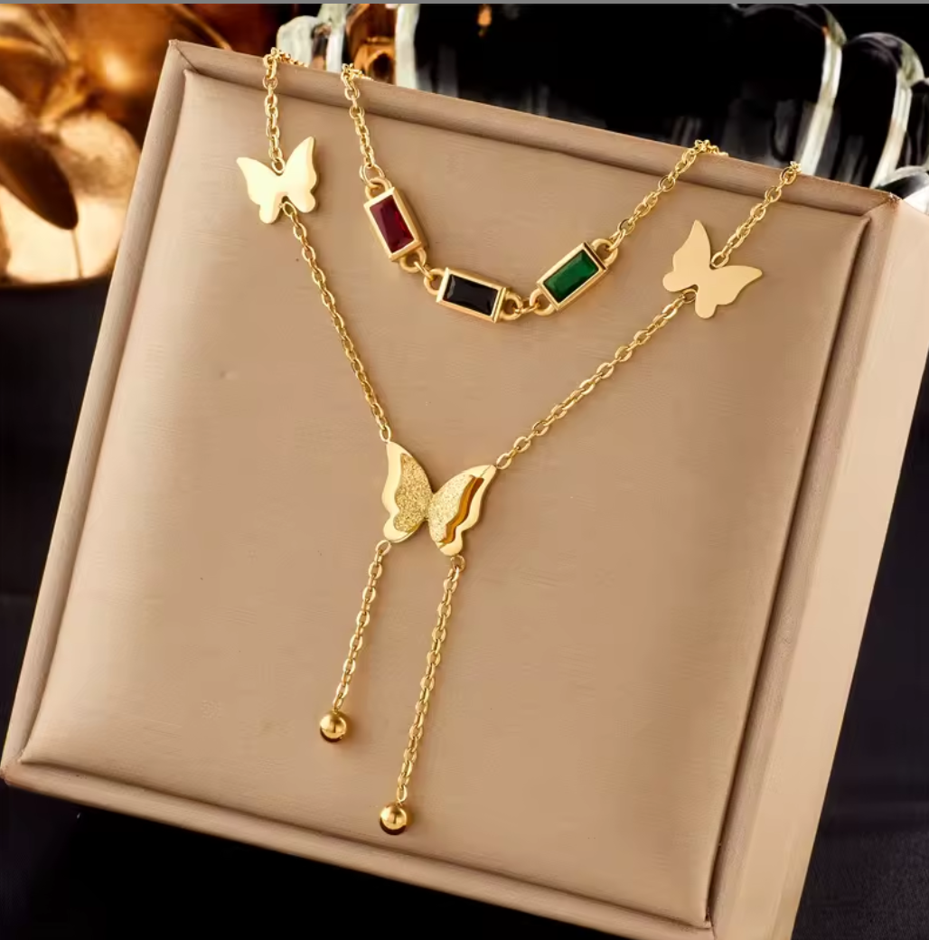 Butterfly & Gemstone Layered Necklace